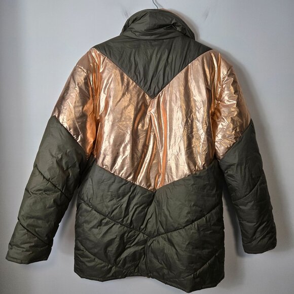 FREE PEOPLE Size XS Reversible Nylon Puffer Oversized Metallic Gold Green Coat - Picture 9 of 16